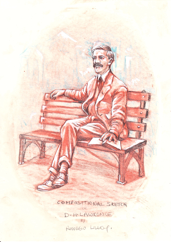 Andrew Lilley sketch of Lawrence on a bench with moustache.